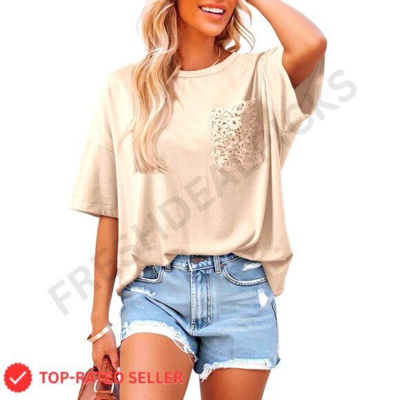 Tops - Oversized Lace Pocket T-Shirt Boho Chic Summer Top Soft Stretchy Material